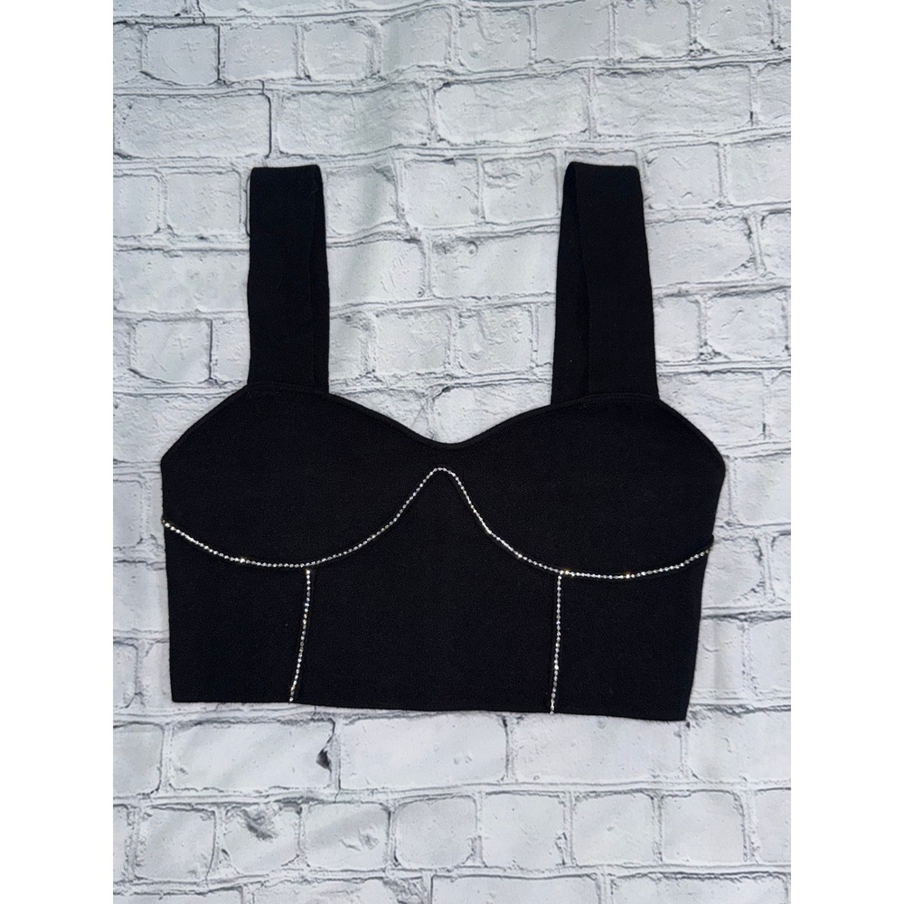 On 12th Crop Top Size S Black Rhinestone Sweetheart Y2K Glam Party Night Out